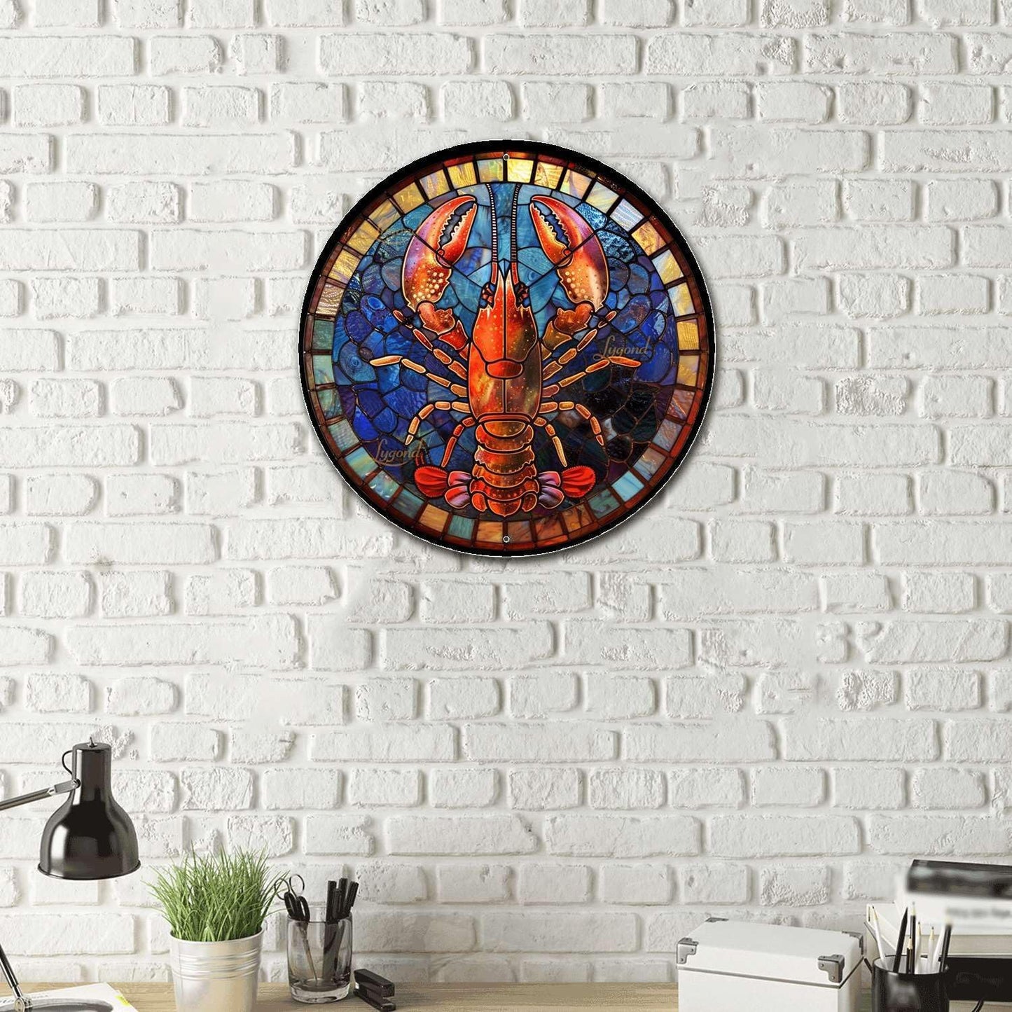 Lygond Metal Sign Tin Sign Circular Stained Glass Lobster Gardening Poster for Club 8×8 Inches