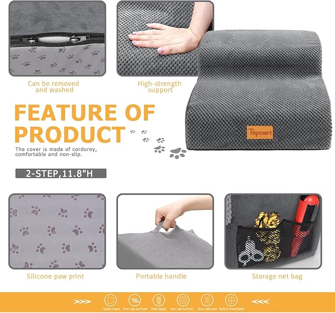 Topmart High Density Foam Pet Steps 2 Tiers,11.8" High,Non-Slip Dog Stairs,Soft Foam Dog Ramp Ladder,Best for Injured,Older Cats,Pets with Joint Pain,Suitable for Low Sofas,Stairs,Lower Place