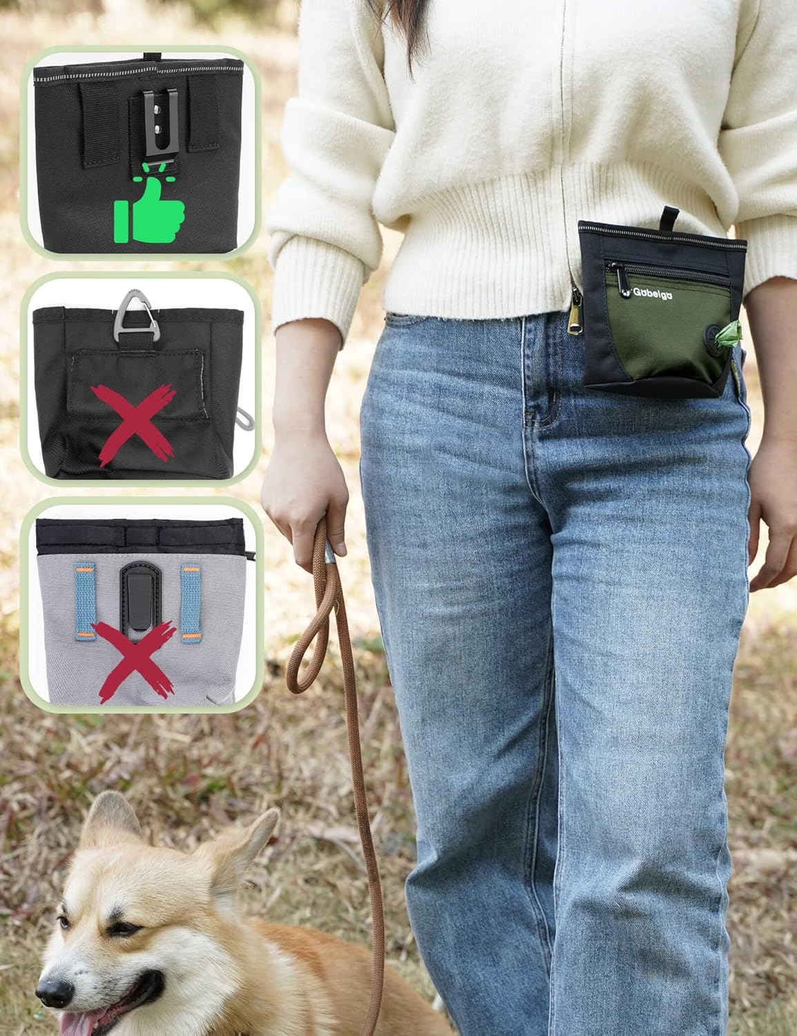 Gobeigo Dog Treat Pouch and Training Clicker, Upgrade Two Magnetic Closure to Prevent Spills, 2 Cup Treat Bag with Poop Bag Dispenser, Metal Clip Waist Belt Fanny Pack for Pet Walk (Black/Army Green)