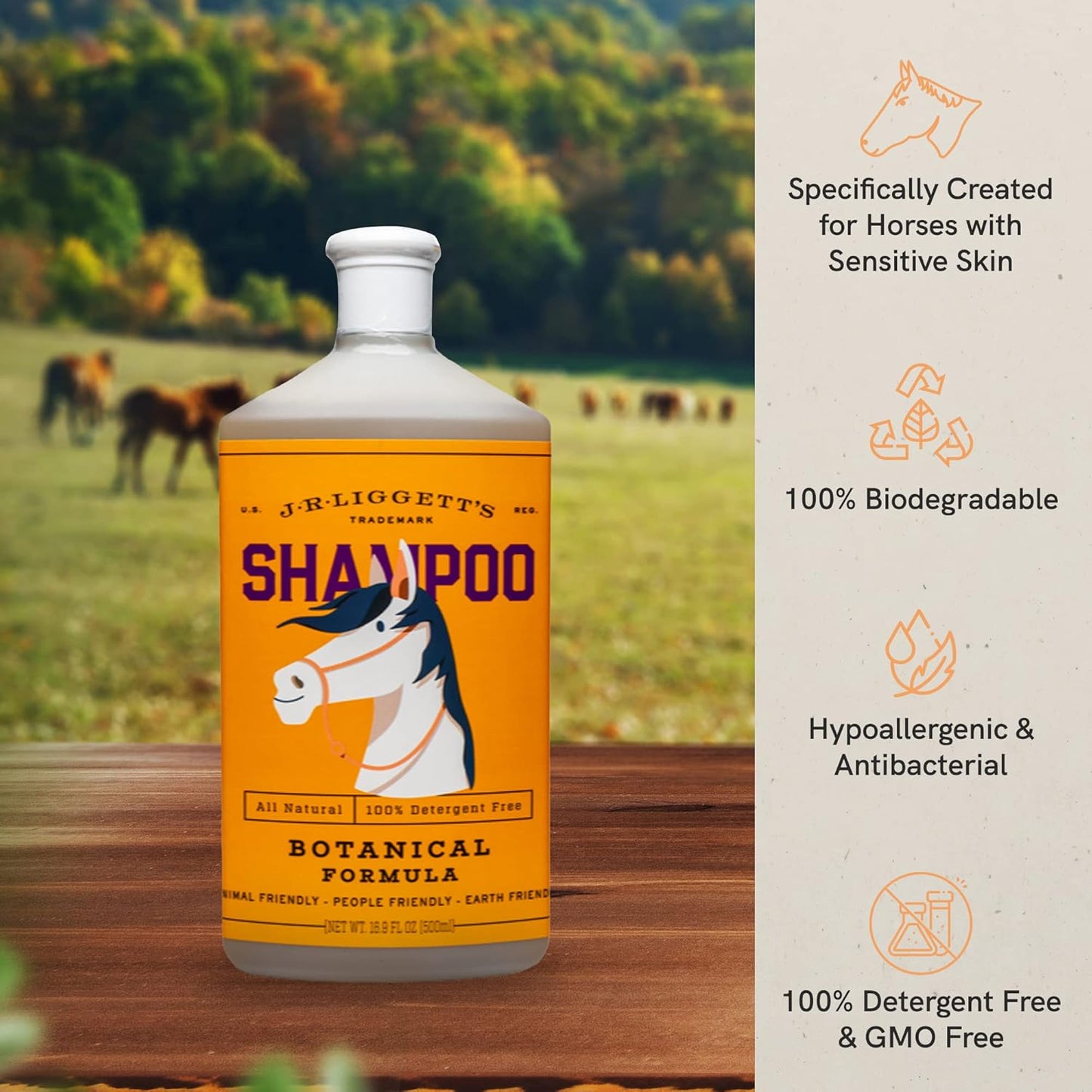 J·R·LIGGETT'S Botanical Horse Liquid Shampoo for Sensitive Skin | Hypoallergenic Biodegradable Shampoo Formula for Horses | 100% Eco-Friendly | Detergent-Free Horse Supply | 16.9fl.oz