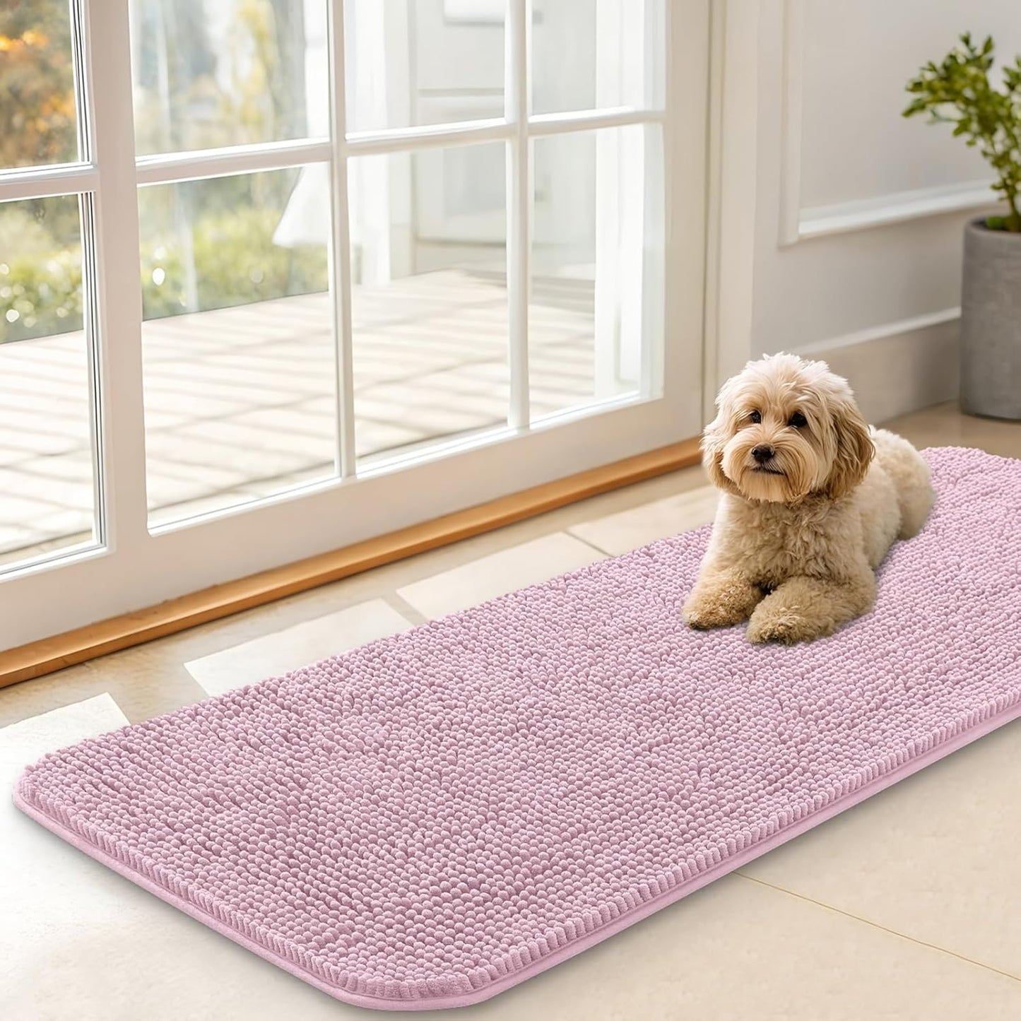 OLANLY Dog Door Mat for Muddy Paws 47x17, Absorbs Moisture and Dirt, Absorbent Non-Slip Washable Doormat, Quick Dry Chenille Mud Mat for Dogs, Entry Indoor Entryway Carpet for Inside Floor, Dusty Rose