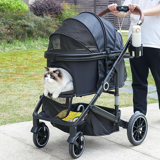 Pet Stroller with 4 Wheels, 3 IN 1 Folding Puppy Strollers for Small/Medium Dogs Cats up to 50lbs, Lightweight Pet Travel Carrier with Detachable Cushion, Storage Basket and Cup Holder, Black