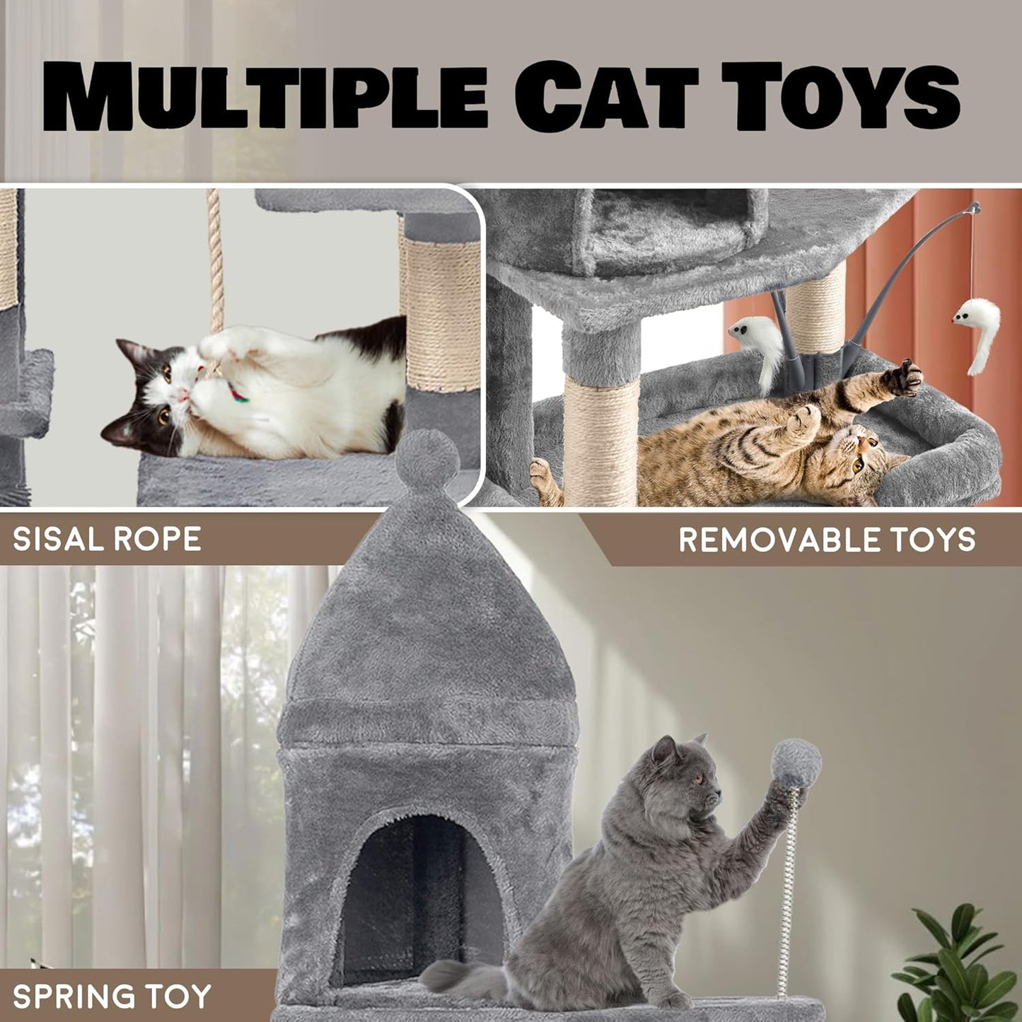Large Cat Tree Tower for Large Cats, Cat Scratching Post, Self Grooming Post, Interactive Cat Toys, Oversized Perch and Basket, Heavy Duty 72", Light Grey