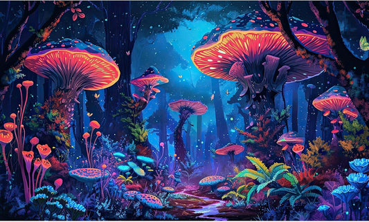 Mushrooms Aquarium Background Fantasy Bright Flowers Butterflies Fish Tank Backdrop Decoration Poster Trippy Wonderland Landscape with Giant Mystical Mushrooms Terrarium Background Decor 24x16in
