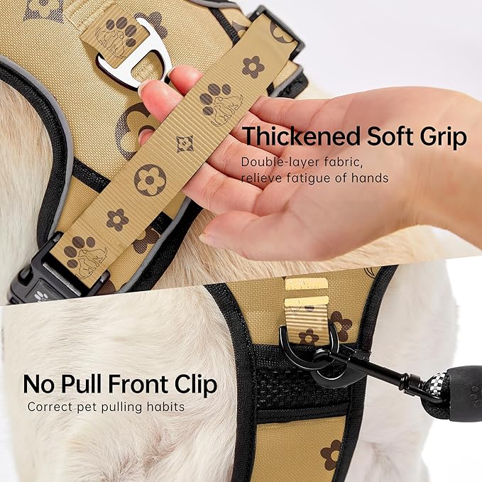 NESTROAD No Pull Dog Harness,Adjustable Oxford Dog Vest Harness with Leash,Reflective No-Choke Pet Harness with Easy Control Soft Handle for Large Dogs(X-Large,Light Brown)