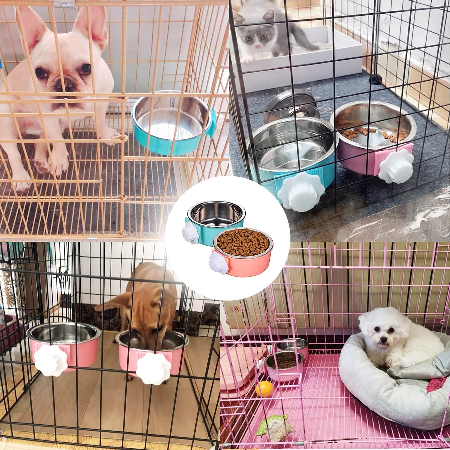 HERCOCCI Dog Crate Bowl, Removable Stainless Steel Pet Kennel Cage Hanging Food Bowls and Water Feeder Coop Cup Prevent Overflow for Puppy, Medium Dog, Cat, Rabbit, Ferret (3PCS)