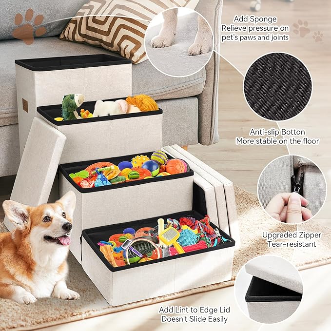 Dog Stairs with Condo 23" H, 4-Step Wider Folding Storage Pet Stairs Gift for Small/Medium/Large Old Dogs Cats, Dog Steps for High Beds Window, Ramp for Climbing Car Up to 200 lbs, Beige