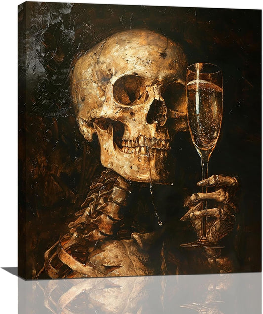 Quorin Gothic Skeleton Wall Art Goth Skull Champagne Wall Decor Dark Academia Pictures Horror Canvas Print Painting Artwork for Bathroom Living Room Bedroom 20"x24"