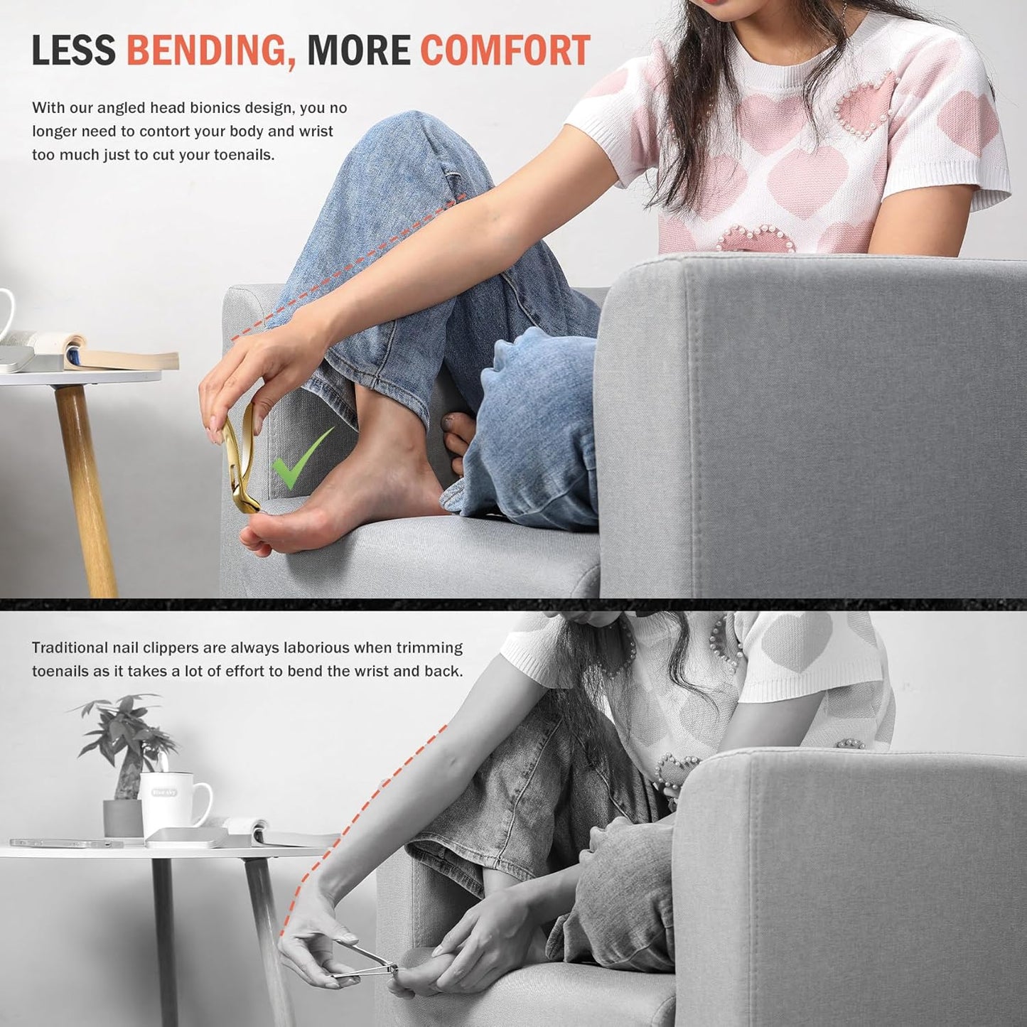 BEZOX Ergonomic Angled Head Thick Toenail Clipper for Seniors - Large Nail Clippers for Thick and Ingrown Nails with Metal Nail File, Premium Nail Cutter Fingernail Clipper for Men and Women - Golden