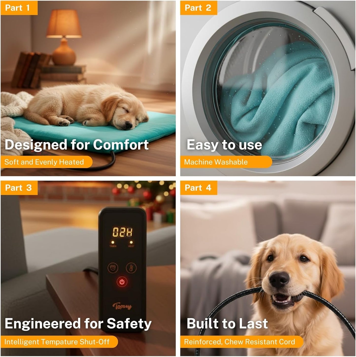 Toozey Pet Heating Pad, 6 Adjustable Temperature Dog Cat Heating Pad with Timer, Waterproof Heated Cat Bed with Chew Resistant Cord, Indoor Electric Pet Heated Mat 18x16in