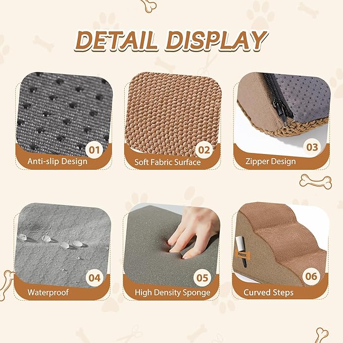 Romrol Dog Stairs Ramp for High Beds Couches, High Density Foam Pet Steps with Durable Non-Slip Waterproof Fabric Cover, Dog Stairs for Small Dogs or Cats or Pets, 3-Step,15 Inch,Light Brown