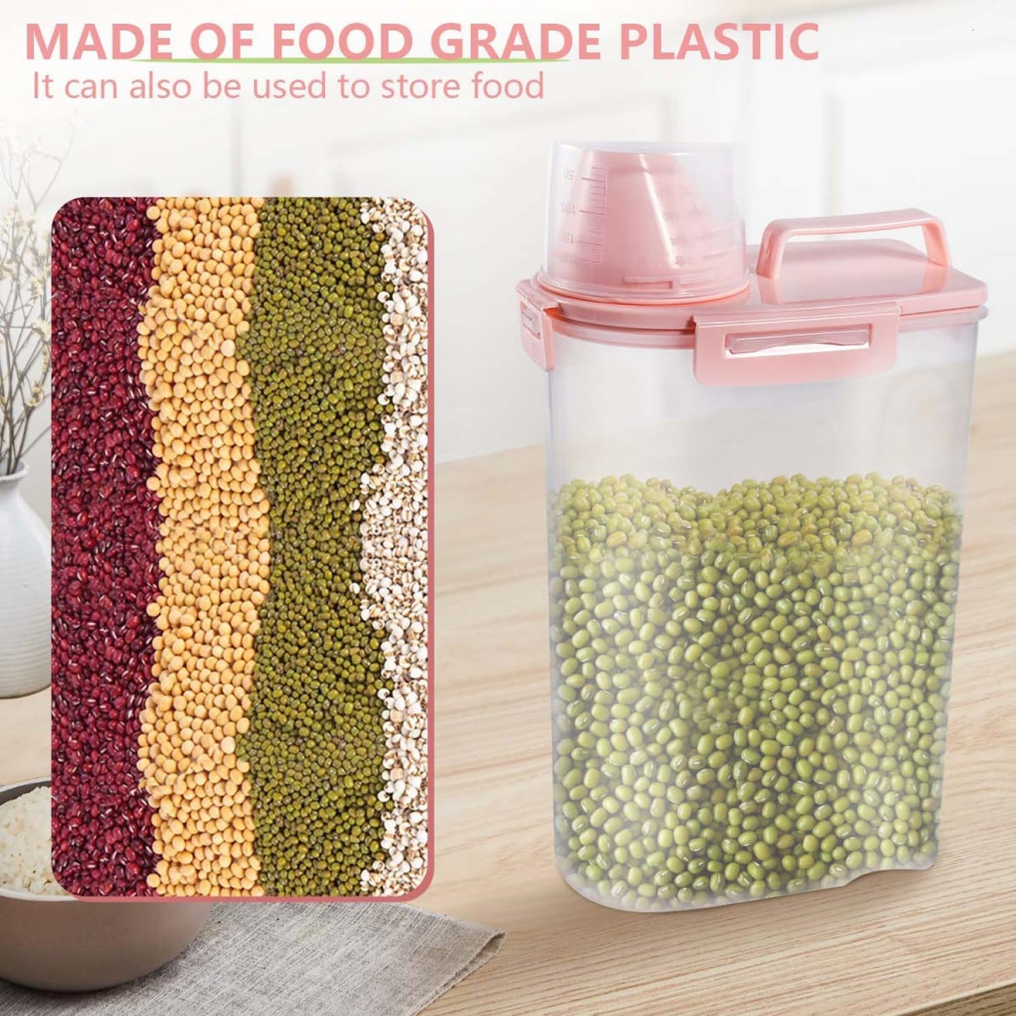 SenseYo 2 Pack 2.5lb Pet Food Storage Container with Measuring Cup, 3L Cat Food Storage Container Dog Food Storage BPA Free for Small Dog, Cat, Bird (Pink, Green)