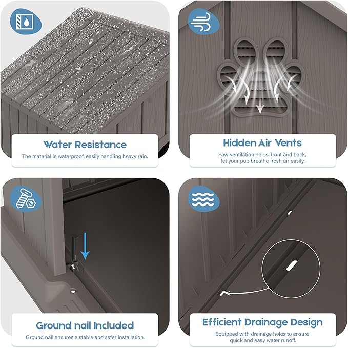 Large Dog House Outdoor Indoor for Medium Large Dogs, Durable Plastic Waterproof Doghouse with Air Vents and Elevated Floor, Easy Clean and Assemble (Grey, 36.2''L×38''W×38''H)