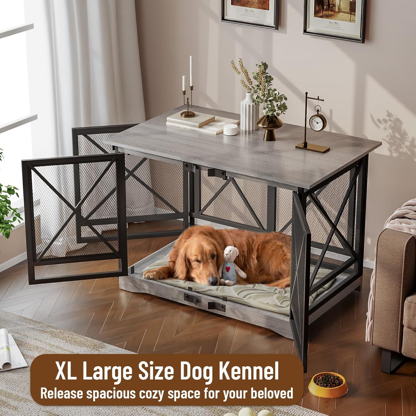 COZPAW Large Dog Crate Furniture - 48 inch Heavy Duty Dog Kennel Indoor for XLarge Breed with Double Doors, Wooden Dog Cage XL Modern Decorative End Table Pet House (Gray)