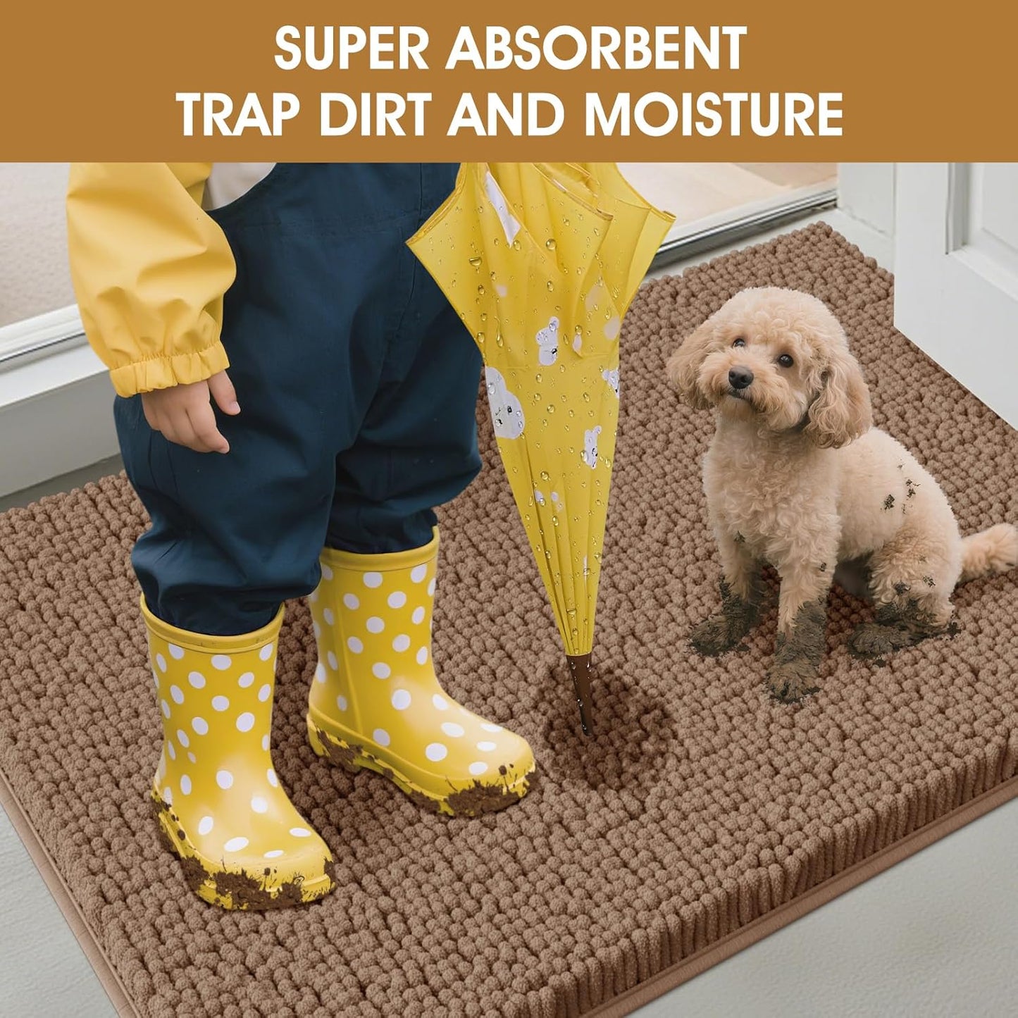 Dog Door Mats for Muddy Paws, Chenille Absorbent Door Mats, Non Slip Heavy Mud Mat for Dogs, Soft Indoor Door Mat for Entryway, Mud Paws, Inside Floor,36" X 24", Camel