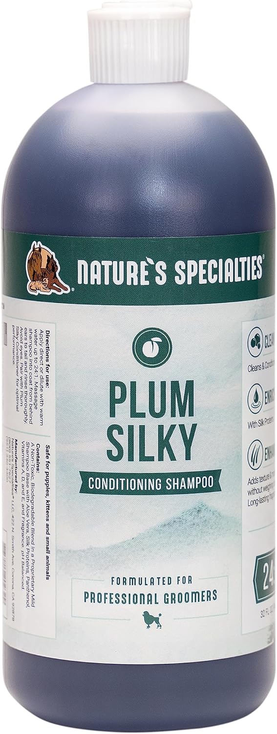 Nature's Specialties Plum Silky Ultra Concentrated Dog Shampoo Conditioner, Makes up to 6 Gallons, Natural Choice for Professional Pet Groomers, Silk Proteins, Made in USA, 32 oz