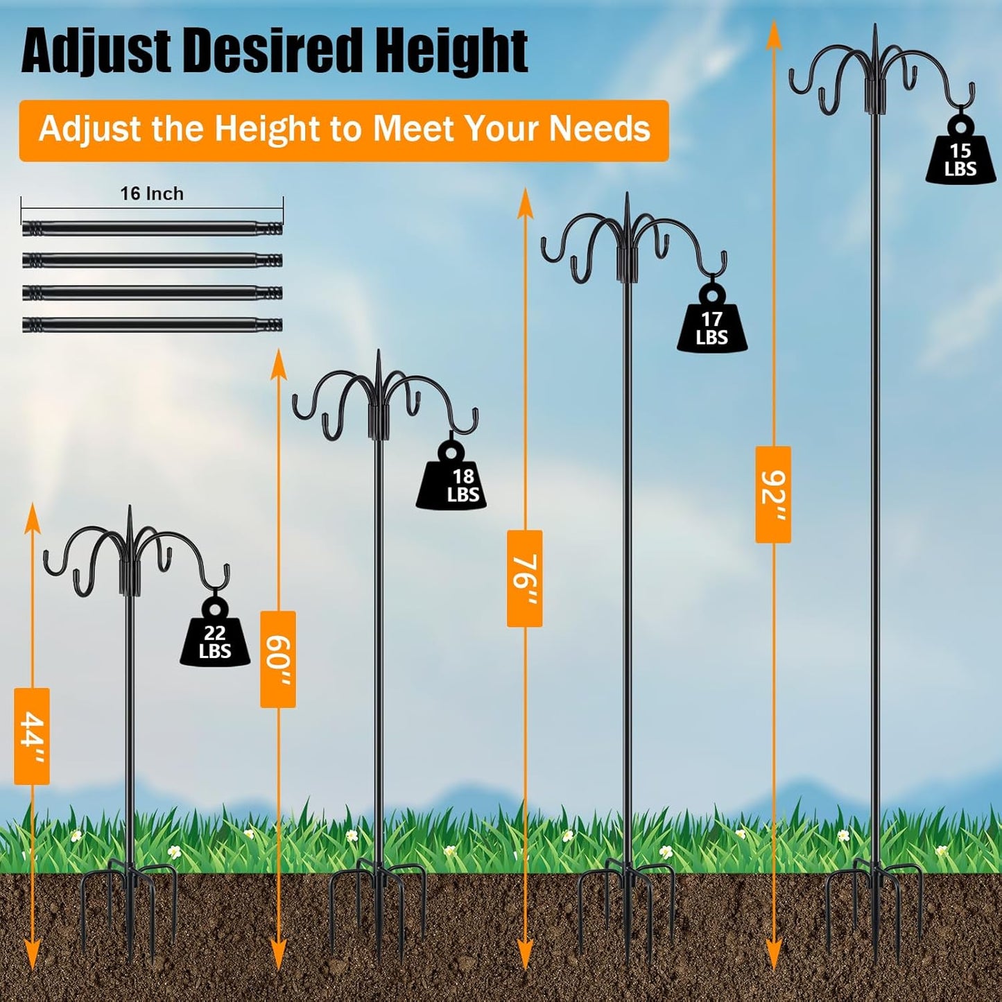 FEED GARDEN [Upgrade Version 92 Inch Four Shepherd Hooks for Outdoor,Bird Feeder Pole with 5 Prong Base, Adjustable Shepard Hooks for Hanging Plant, Solar Lanterns, Wind Chimes, 2 Pack
