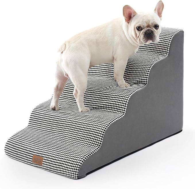 Extra Wide Dog Stairs 19.7" Width, Large Pet Step for Small Medium Dog, Puppy or Cat, Ramp for High Bed or Car, High Density Foam Ladder, Stable, 5 Step, 19.7x33x22.4 inch, White Black