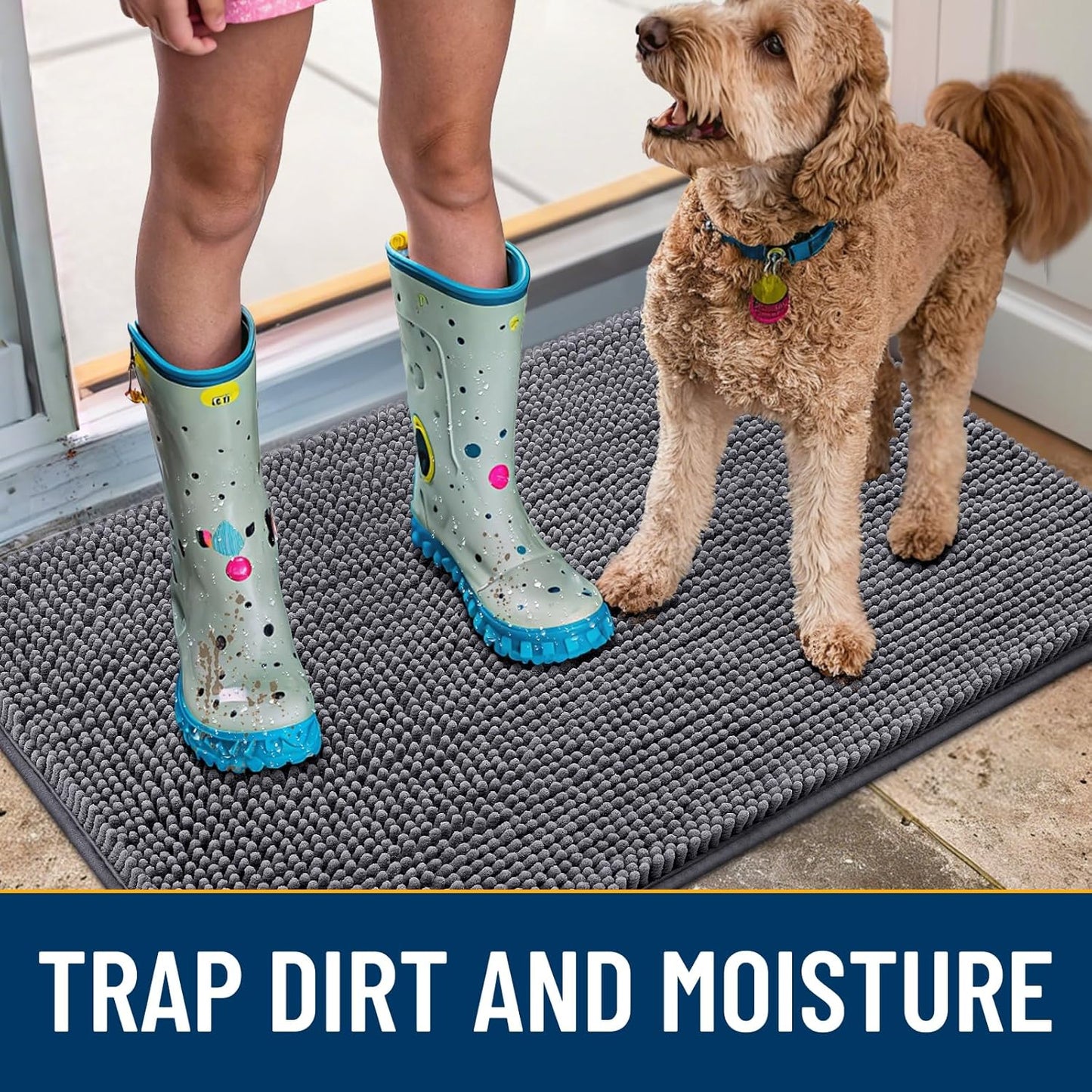 Smiry Dog Door Mat for Muddy Paws 59x35, Absorbs Moisture and Dirt Doormat, Non-Slip Washable Quick Dry Chenille Front Door Mat Indoor Entrance, Entryway Carpet for Inside Floor, Dark Grey