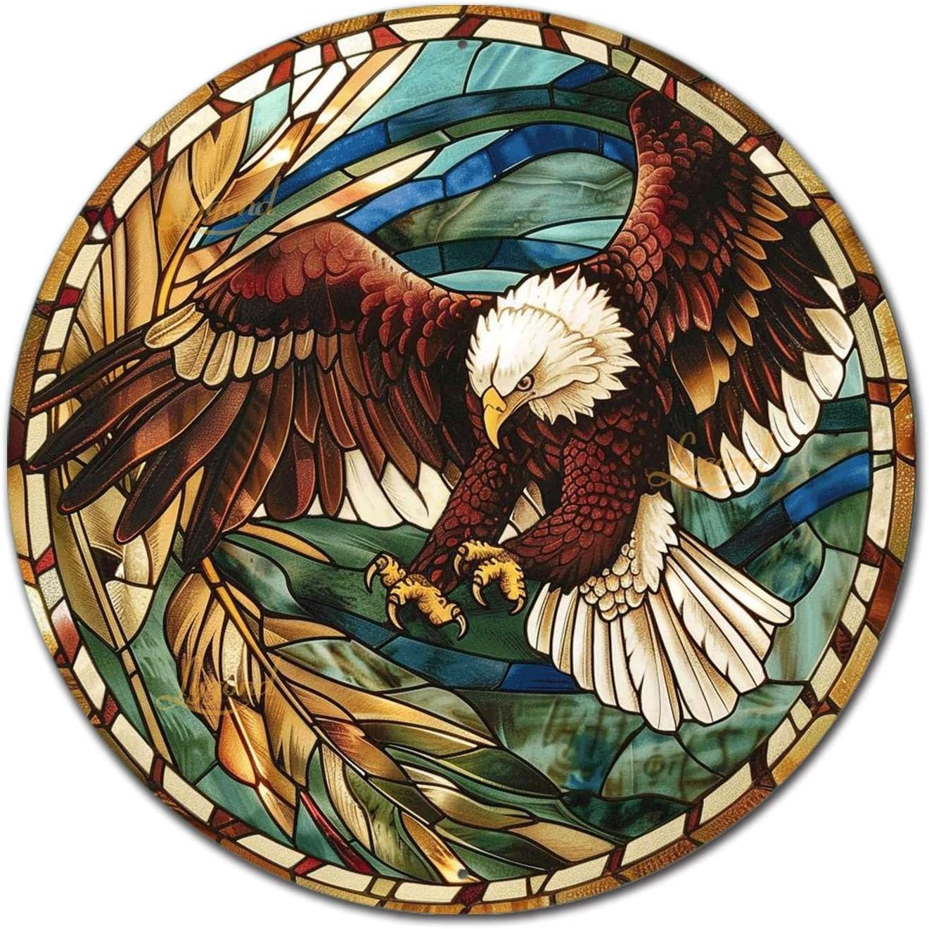 Lygond Metal Sign Tin Sign Circular Stained Glass Eagle Inspirational Wall Art for Garden 12×12 Inches