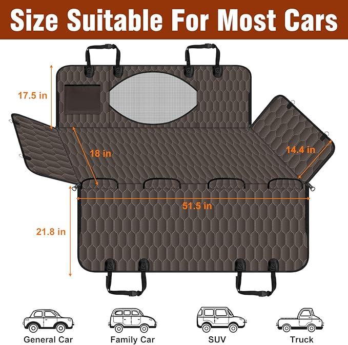 Waterproof Dog Car Seat Cover - Scratch Proof Nonslip Back Seat Hammock with Mesh Window & Storage Pocket for SUVs/Trucks/Sedans-S, Brown/Black