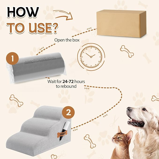Romrol Dog Stairs Ramp for Beds Couches, Extra Wide Pet Steps with Durable Non-Slip Waterproof Fabric Cover, Dog Slope Stairs for Small Dogs and Cats or Pets Friendly, 3-Tiers, 13 Inch,Light Grey