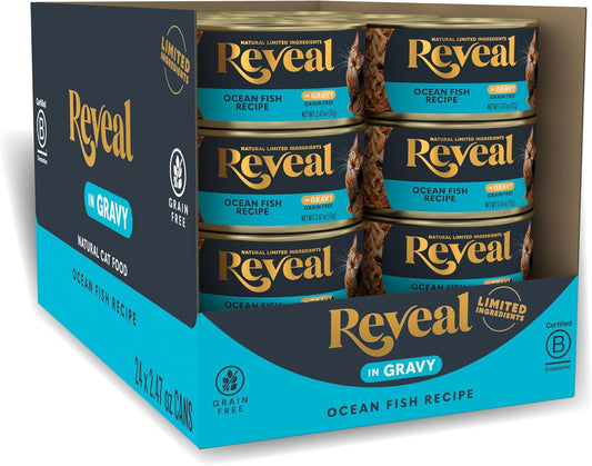 Reveal Natural Wet Cat Food, 24 Count, Grain Free, Limited Ingredient Canned Food for Cats, Ocean Fish in Gravy, 2.47 oz Cans