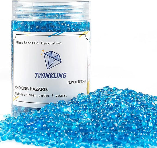 TWINKLING High Luster Round Fire Glass Stones Marbles Beads Gems for Fire Pit Vase Fillers Crafts Aquarium Garden Decoration, 3-6mm, 1-Pound Jar (Ocean Blue)