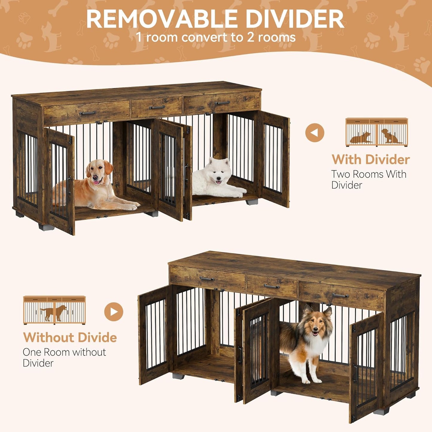71'' Dog Crate Furniture, Wooden Indoor Dog Kennel for 2 Dogs with 3 Drawers and Removable Room Divider, XXL Double Dog Crate TV Stand End Table with Double Doors for Large Medium Dogs, Rustic Brown