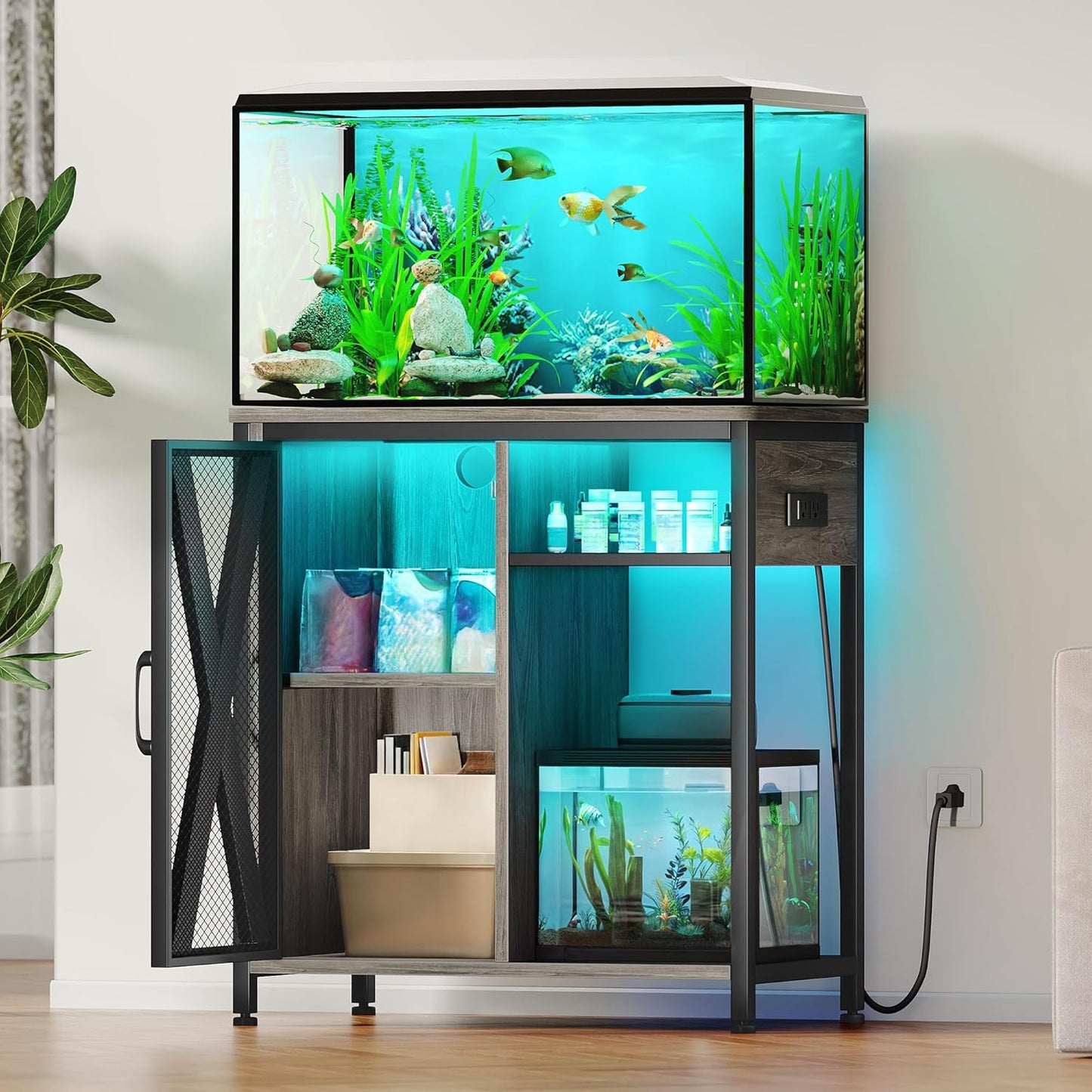 YITAHOME Fish Tank Stand with Power Outlets & LED Light, 20-29 Gallon Metal Aquarium Stand with Cabinet for Fish Tank Accessories Storage for Turtle Tank, Reptile Terrarium, 350LBS Capacity, Grey