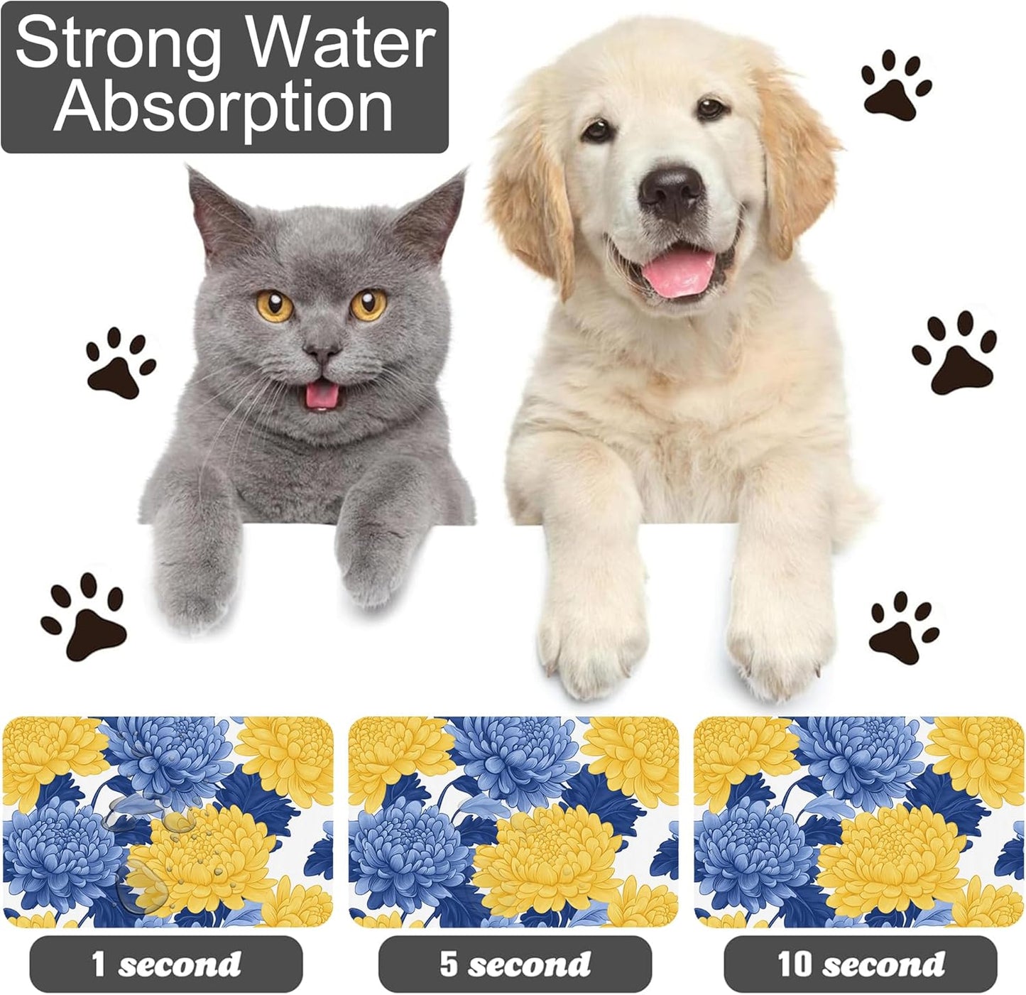 Blue Yellow Flowers Pet Cat Dog Food Mat-Absorbent Quick Dry Feeding Placemat for Water and Food, No Stains Rubber Base Mat for Indoor Use, Pet Accessories 12"x20"