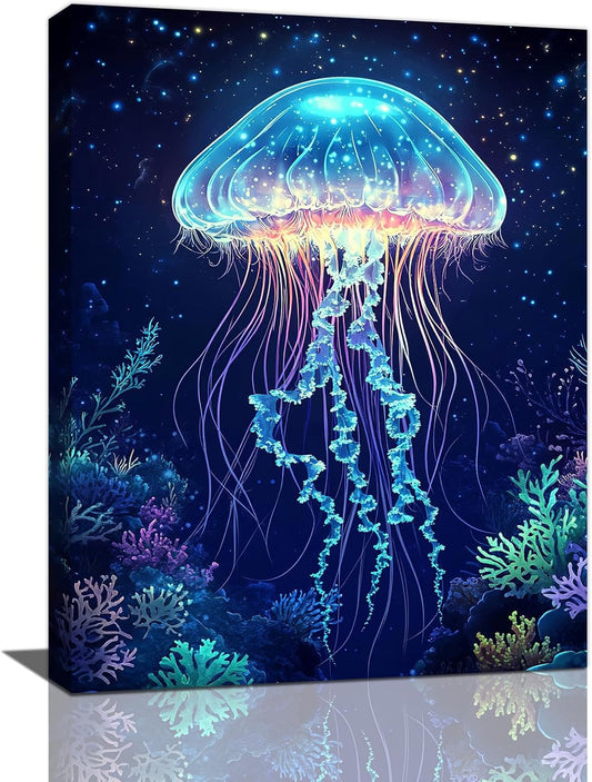 Ocean Jellyfish Wall Art Canvas Coral Fish Wall Decor Prints Framed Painting Underwater Pictures Gifts Artwork for Bathroom Living Dining 12"x16"