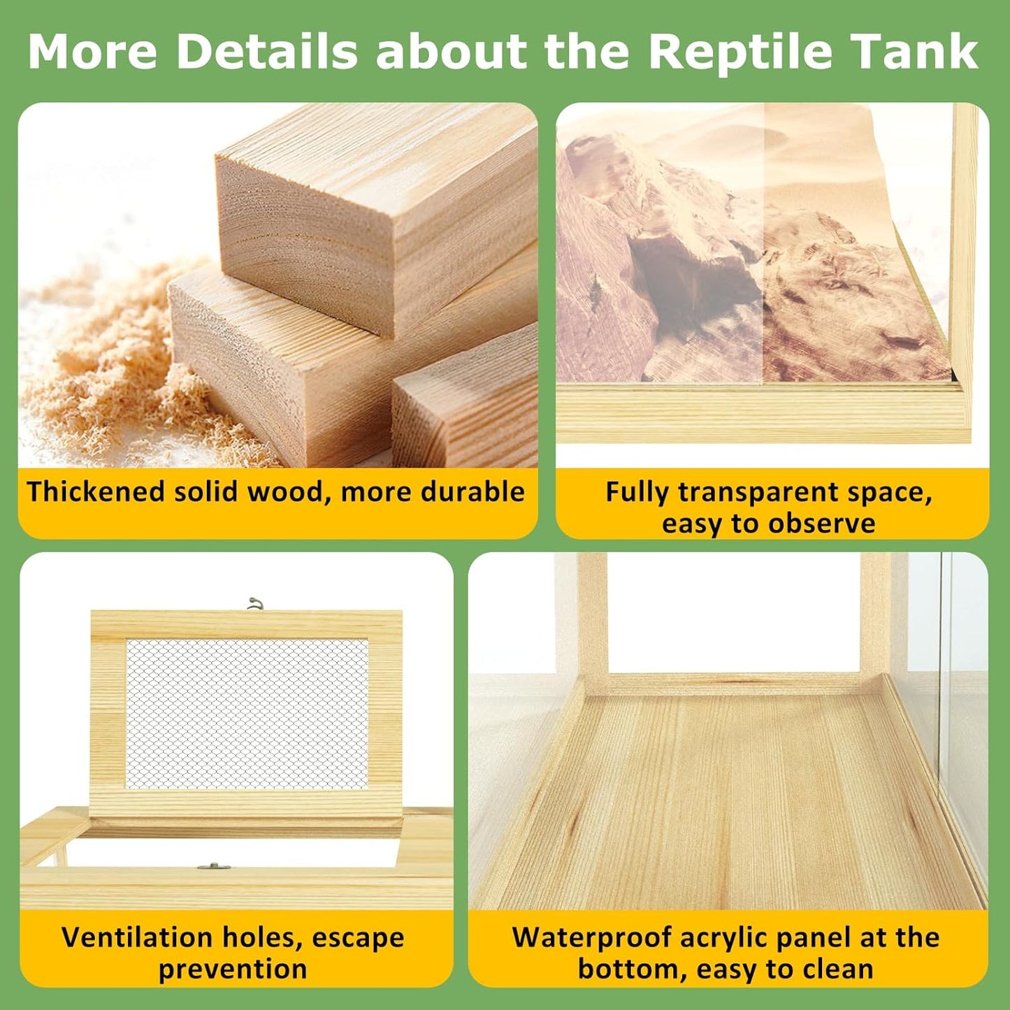 80 Gallon Reptile Tank - 48" Lockable Sliding Door Bearded Dragon & Snake Tank with Metal Mesh Roof, Front Opening Terrarium for Lizards, Leopard Gecko (Wood, 48" x 20" x 20")