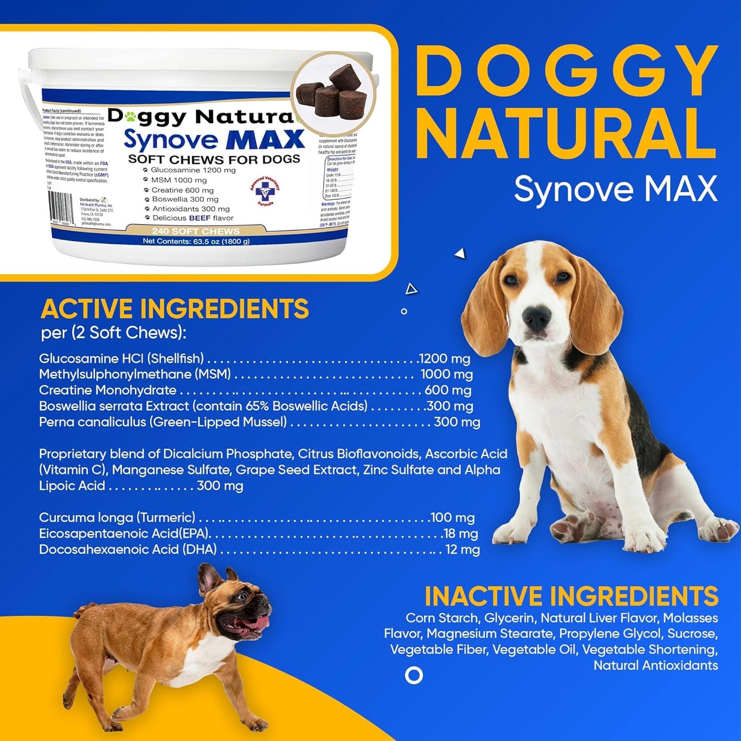 Synove Max Soft Chews for Dogs (240 Count) Beef Flavor, Joint Supplement, Glucosamine, Turmeric, Boswelllia serrata, Creatine Naturally Derived Ingredients better than synovi g4 soft chew