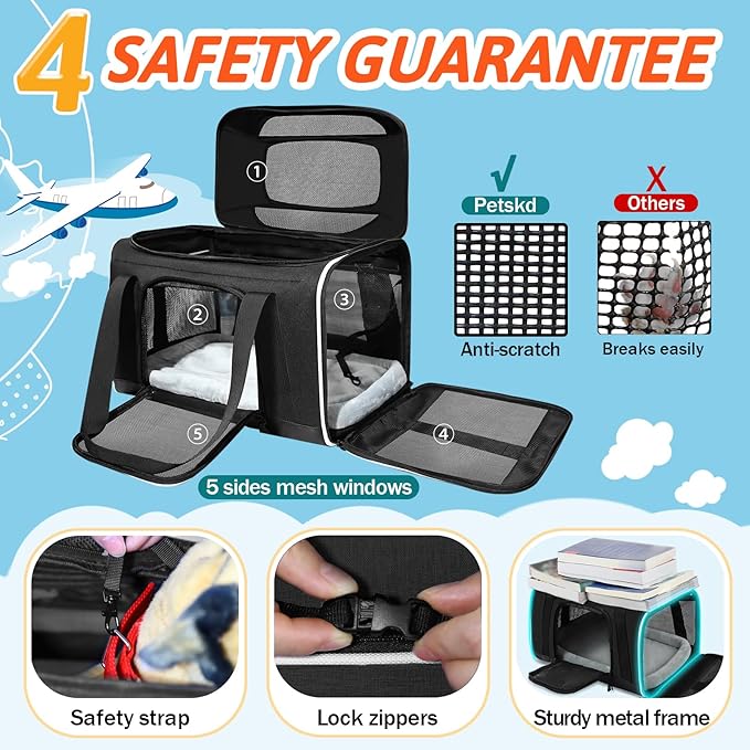 Petskd Top-Expandable Pet Carrier with Wheels 17x12x8.5 Inches JetBlue Allegiant Spirit Airline Approved, Soft-Sided Carrier for Small Cat Dog with Locking Safety Zippers and Anti-Scratch Mesh(Black)