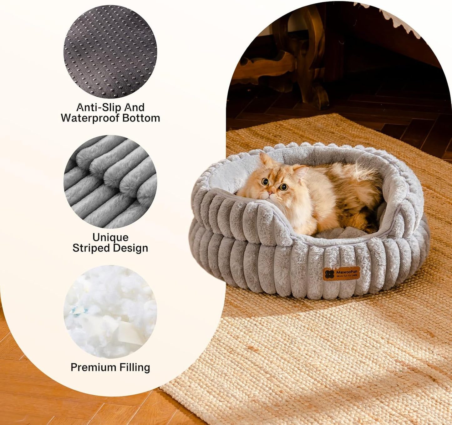 MEWOOFUN Washable Small Dog Bed, Cat Beds for Indoor Cats with Anti-Slip Bottom, Round Pet Bed for Puppy and Kitten (Grey, 24"x24"x9")