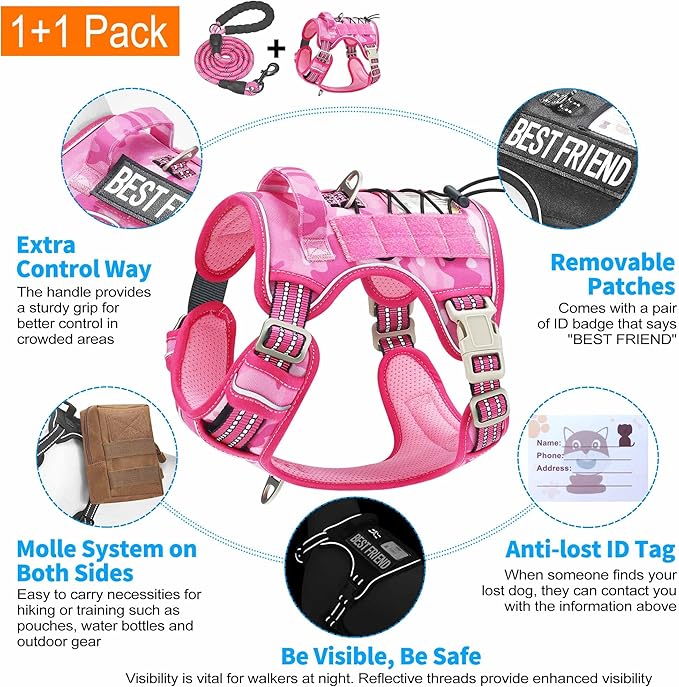 Heavy Duty Tactical Dog Harness for Medium Dogs, No Pull Adjustable Pet Harness Reflective Service Training Easy Control Pet Vest Military K9 Working Dog Harnesses- Medium, Pink Camo