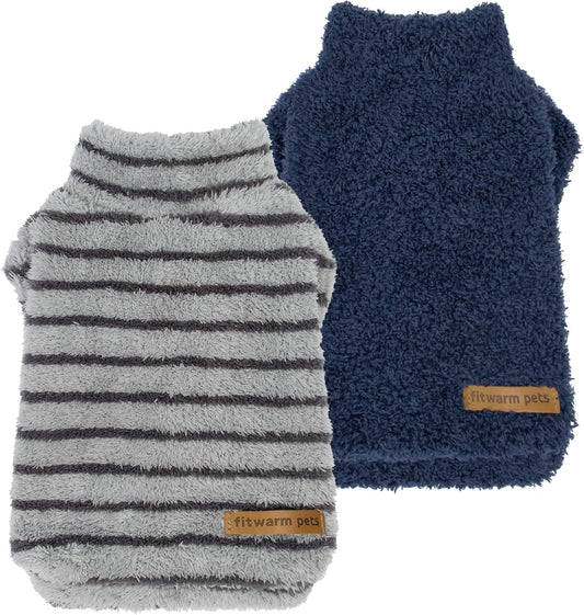 Fitwarm 2 Pack Striped Fleece Dog Sweater, Warm Winter Dog Clothes for Small Dogs Boy Girl, Fuzzy Pet Outfit, Doggy Pullover Jumper, Grey, Navy, Small