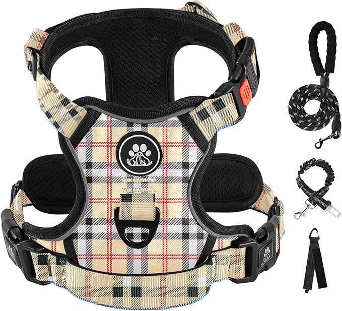 IVY&LANE No Pull Dog Harness with Leash Set, Reflective No Choke Pet Vest,Adjustable Oxford Dog Vest Harness with Easy Control Handle for Large Dogs (Checkered Beige,XL)