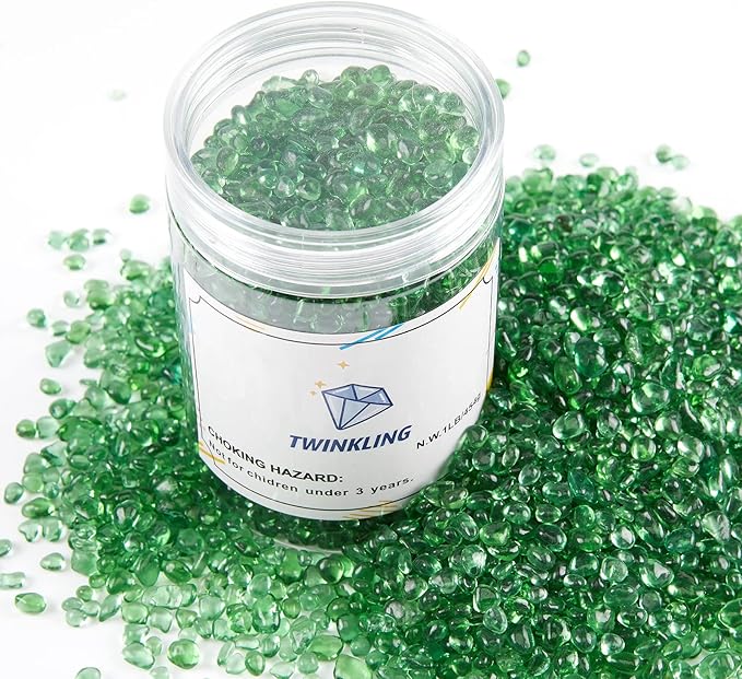 TWINKLING High Luster Round Fire Glass Stones,Glass Marbles,Glass Pebbles,Glass Beads Gems for Fire Pit Vase Fillers Crafts Aquarium Garden Decoration,3-6mm,1-Pound Jar (Light Green)