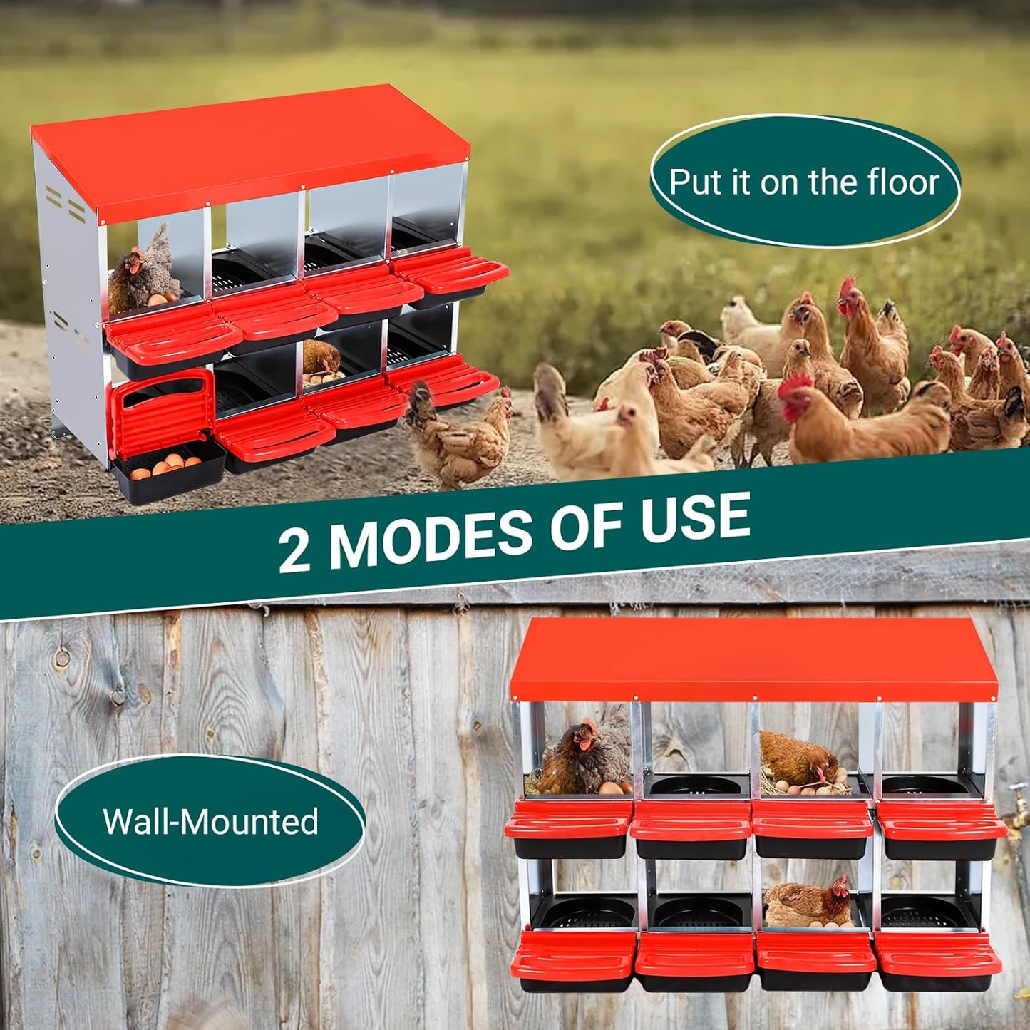 Chicken Nesting Box, 8 Hole 2 Layer Hen Nest Box, Roll Away Eggs Laying Box,Cleanable Pull Out Hen Roosting Box