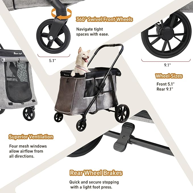 Medium Dog Stroller for Small to Large Dogs 4 Wheels Multi Pet Stroller for 4 Dogs Holds Up to 66lbs, One-Click Folding&Smooth Tires&Sunshade & Storage Basket (Gray, Medium)