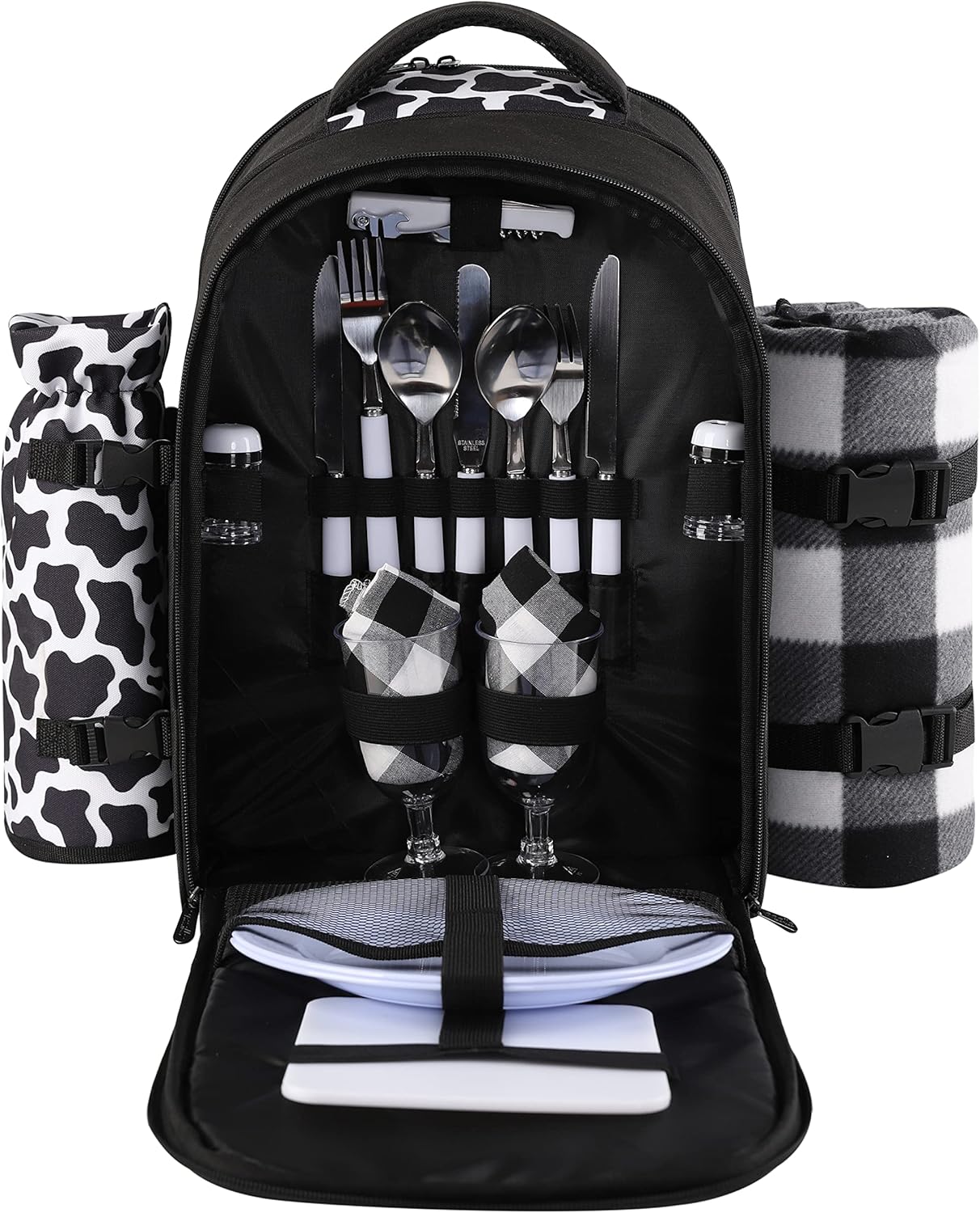 apollo walker Picnic Backpack Bag for 2 Person with Cooler Compartment, Detachable Bottle/Wine Holder, Fleece Blanket, Plates and Cutlery Set (2 Person, Black)