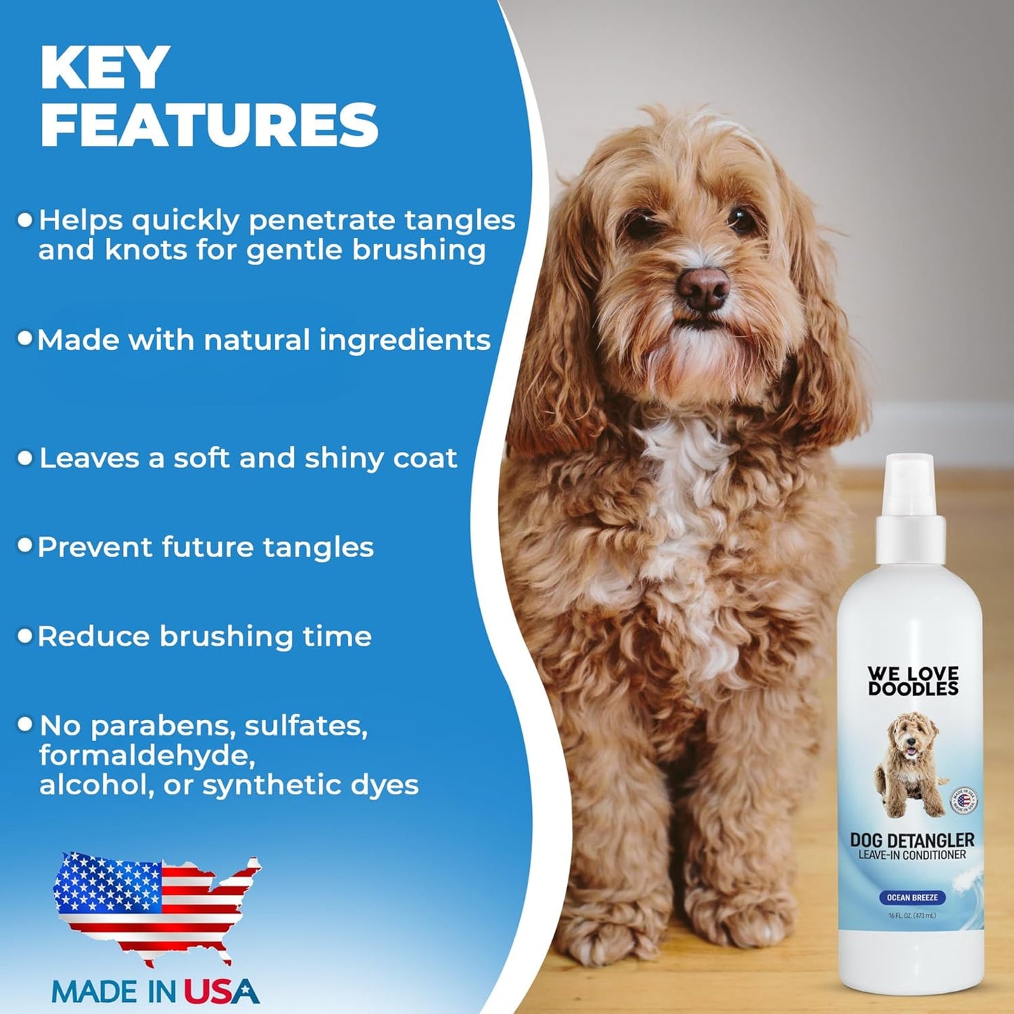 We Love Doodles Dog Detangler Spray - Leave-in Conditioner for Dogs - Dog Detangling Spray - Dematting Spray for Dogs - Tangle Remover - Made in The USA - Large 16 fl oz (Ocean Breeze)