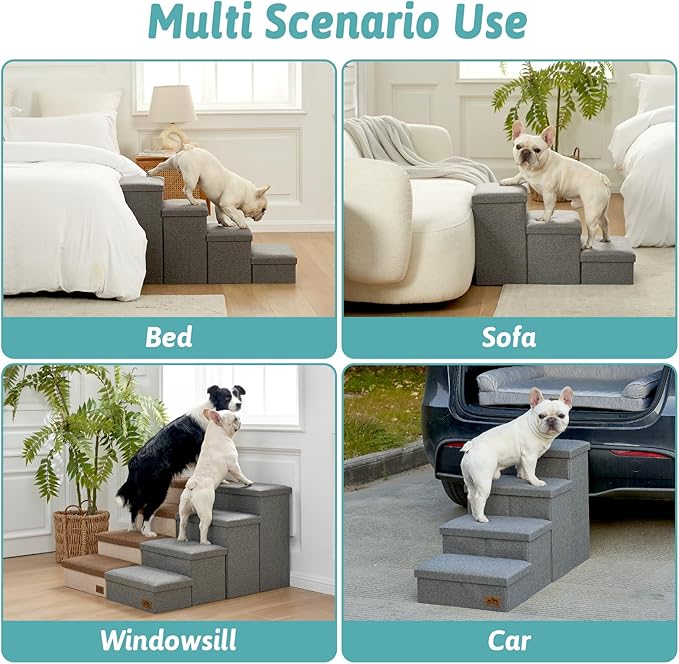 Dog Stairs with Storage, 3-Step Wider Sturdy Dog Steps for Small/Medium/Large Dogs and Older Cats, Folding Doggie Ramp for Bed/Couch/Car Hold Up to 180 lbs (16.7" H, Grey)