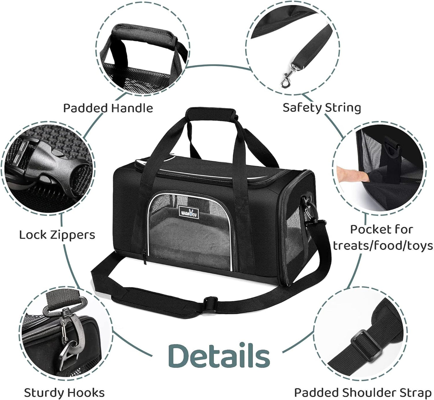 TSA Approved Pet Carrier for Small Medium Cats and Dogs | Dog Carrier with Adequate Ventilation | 4 Mesh Windows, 3 Entrance, Locking Safety Zippers, Padded Shoulder Strap, Black