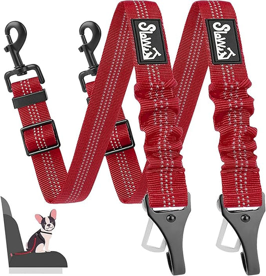 SlowTon 2 Pack Dog Seat Belt, 2 in 1 Attachment, Hook Latch Bar or Seatbelt Buckle with Elastic Nylon Bungee Buffer Adjustable Reflective Nylon Safety Belt Tether Connect to Dog Harness (2pack-R)