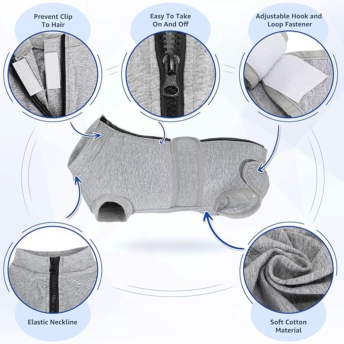 Lukovee Recovery Suit for Dogs, Zipper On Recovery Suit for Female Male Dog, Onesie Abdominal Wounds Cone E-Collar Alternative Prevent Licking Spay Recovery Suit (Large, Grey)