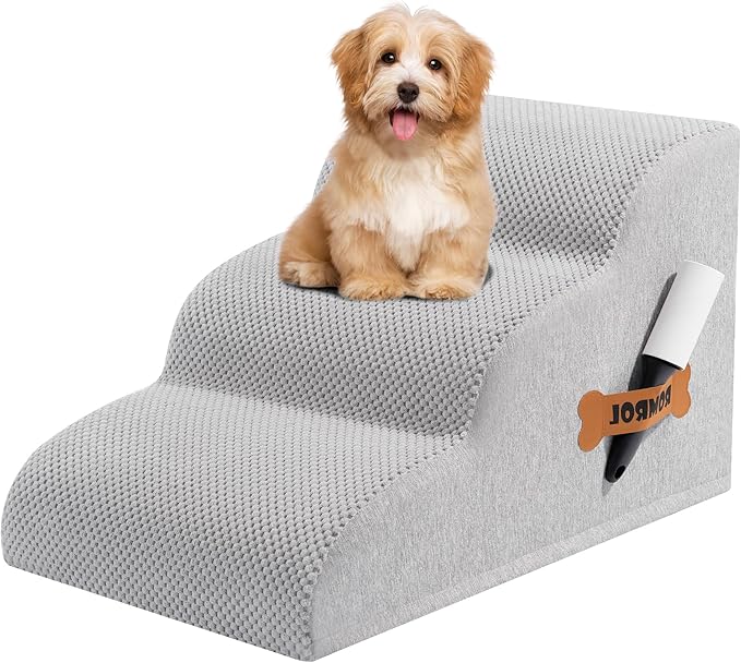 Romrol Dog Stairs Ramp for Beds Couches, Extra Wide Pet Steps with Durable Non-Slip Waterproof Fabric Cover, Dog Slope Stairs for Small Dogs and Cats or Pets Friendly, 3-Tiers, 13 Inch,Light Grey
