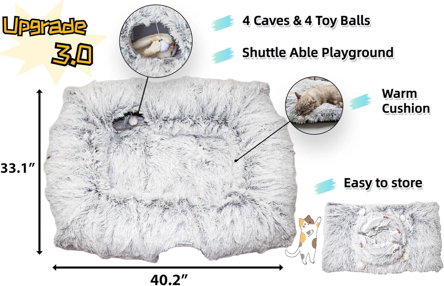 XxingSheep 4 Cave Shuttled XL Cat Tunnel Bed for Indoor Cats Peekaboo Toy Donut with Warm Mat